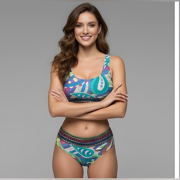 Multi Colour Trim High Waisted 2pc Bikini Swimsuit Bathing Suit - Picture 4 of 6